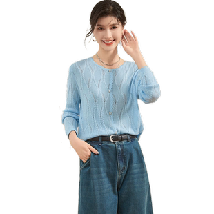 【含桑蚕丝遮阳】早春圆领花边纯色空调衫长袖镂空通勤女式针织衫