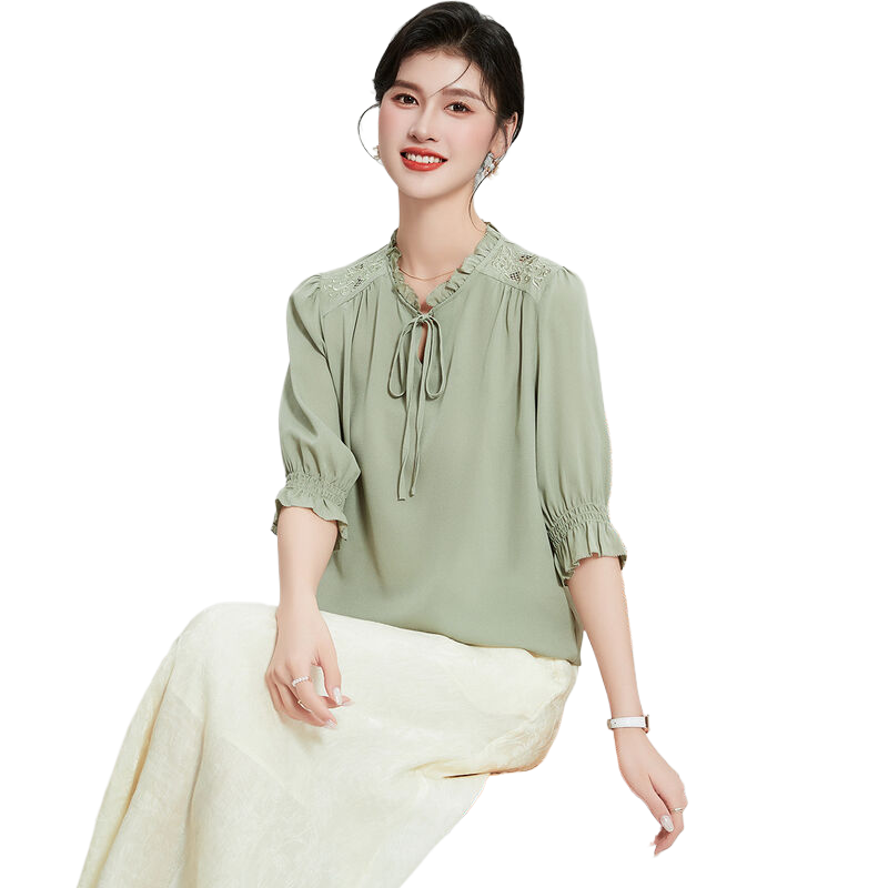 桑蚕丝真丝双绉！夏季纯色圆领系带五分袖上衣舒适透气女式T恤