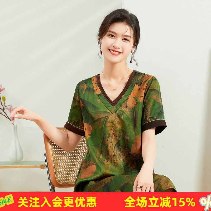 金菊复古植物花卉印花夏季新款V领短袖显年轻中长款女式连衣裙