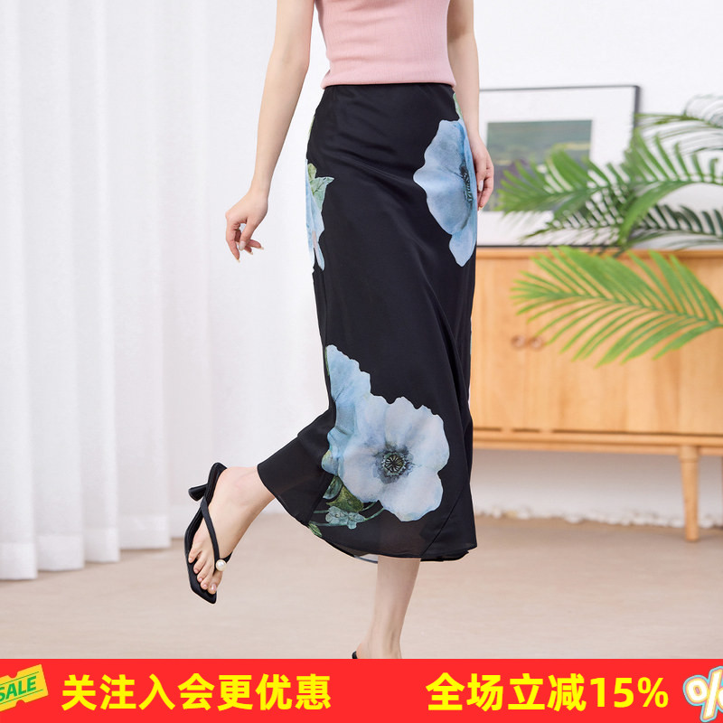 金菊法式复古大花印花100%桑蚕丝半身裙女2026夏季新款半截裙