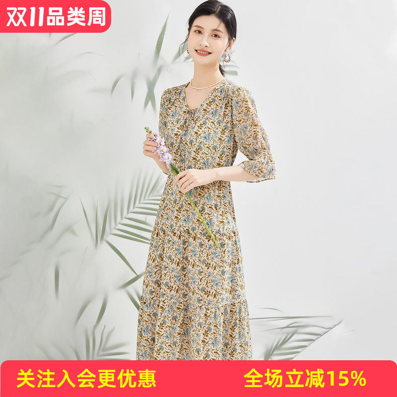 金菊桑蚕丝100%【波西米亚休闲风】26年夏季新品碎花花卉连衣裙