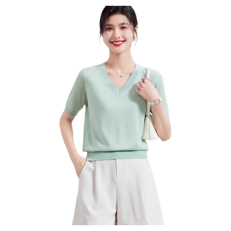 金菊桑蚕丝短袖t恤女新款夏季薄款V领针织衫冰丝上衣