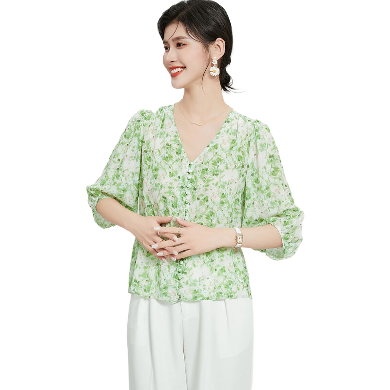 真丝桑蚕丝100%T恤夏季V领五分袖小碎花上衣文艺小清新衬衫