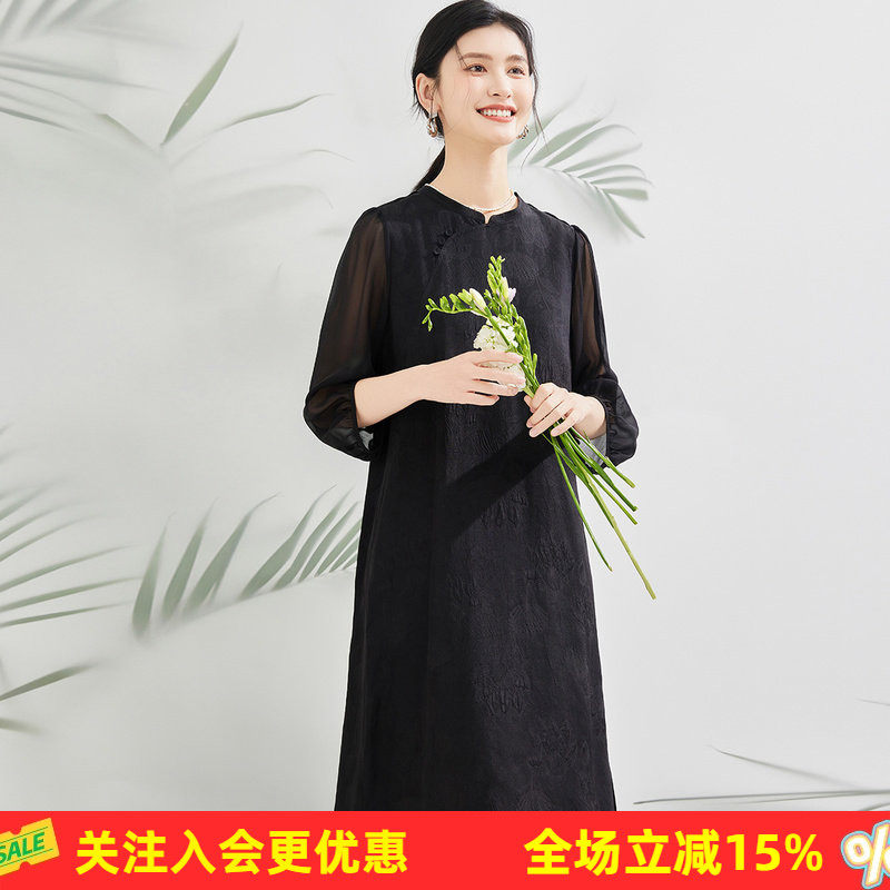 金菊【中式斜开襟19姆米真丝】气质春夏新款100%桑蚕丝连衣裙女
