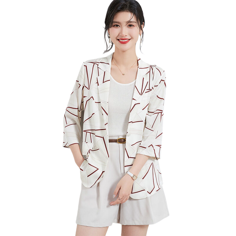 金菊桑蚕丝上衣春夏舒适亲肤翻领西装领七分袖通勤百搭女式外套