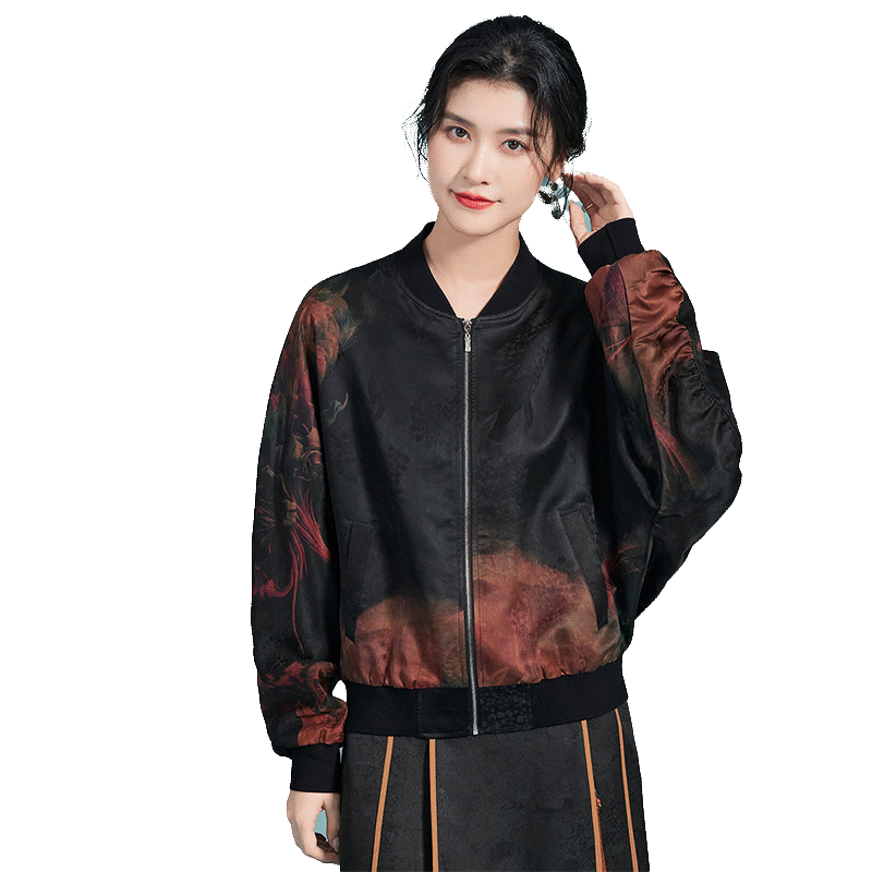 金菊重磅香云纱棒球服春季棒球领印花100%桑蚕丝女式外套