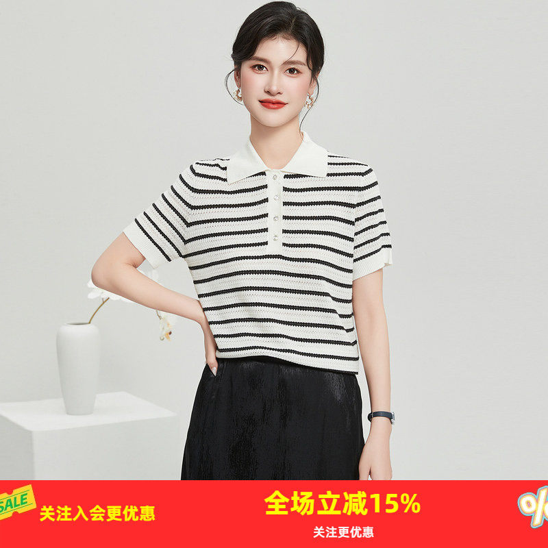 绞花亮丝短T夏季polo领短袖含桑蚕丝上衣撞色条纹女式针织衫