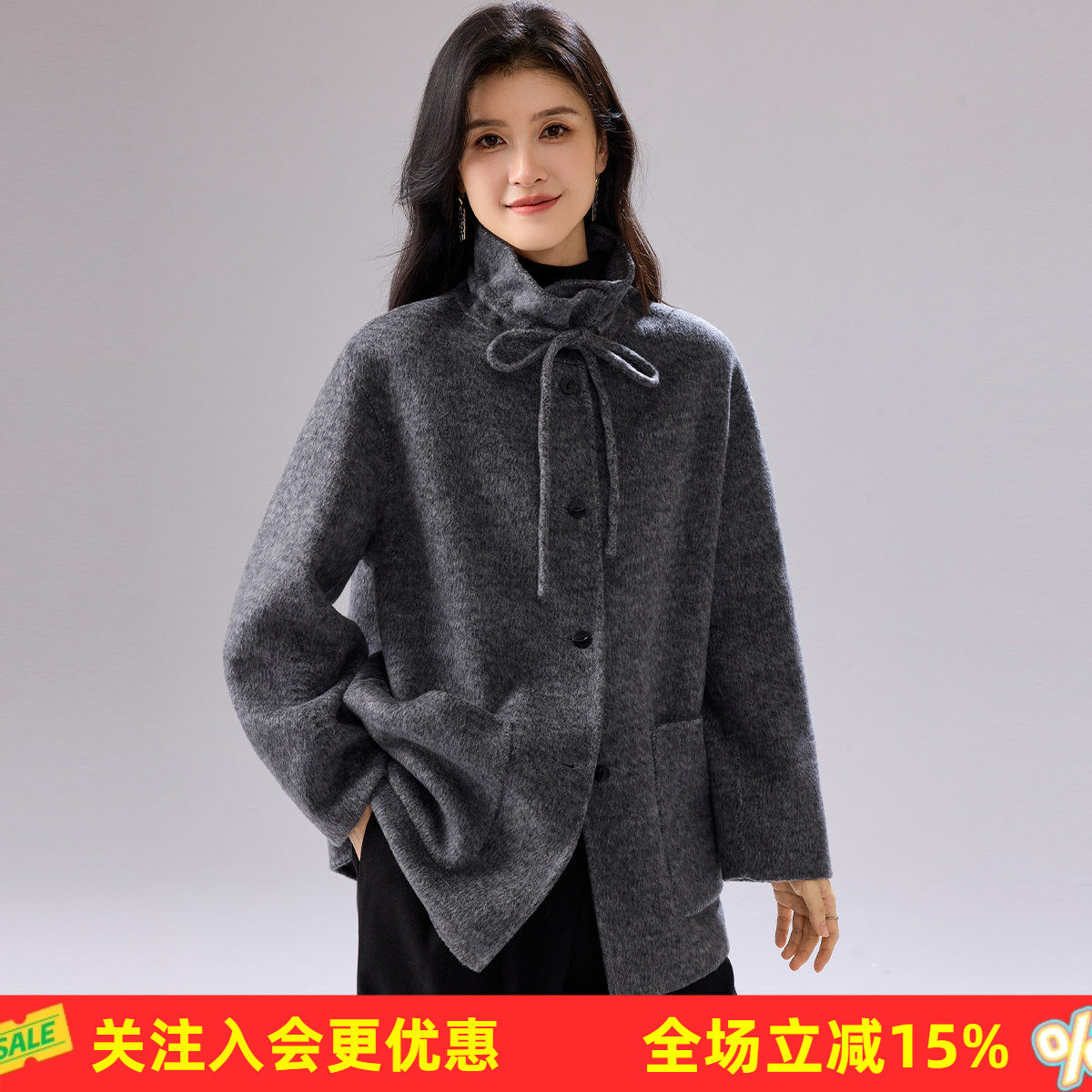 金菊【含羊绒羊毛大衣】春秋新款连帽纽扣休闲宽松保暖女式外套