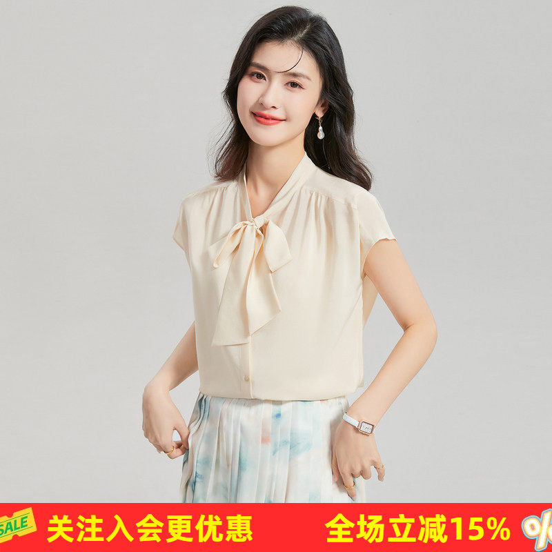 金菊100%真丝短袖春夏新款飘带领纯色连肩袖桑蚕丝女式T恤