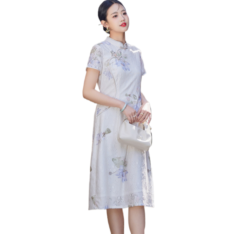金菊春夏新款新中式国风江南优雅气质印花复古中长旗袍女式连衣裙