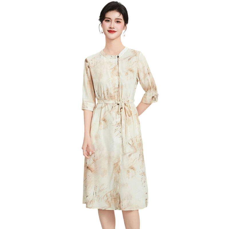 19姆米弹力缎【桑蚕丝风景直筒裙】夏季立领五分袖女式连衣裙