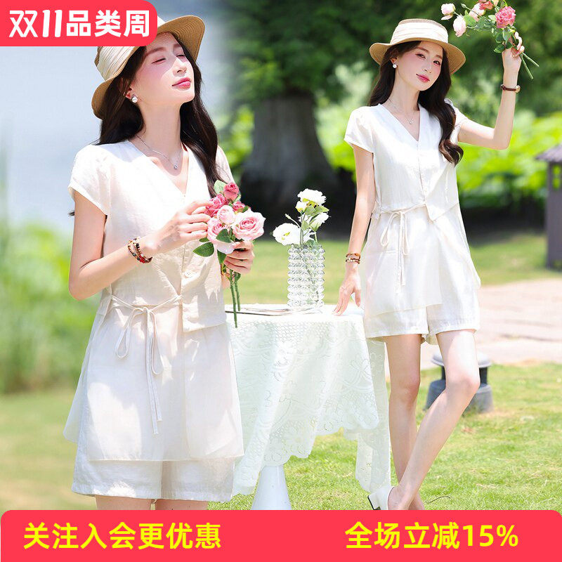 金菊夏季V领短袖单排扣侧边抽绳上衣高腰阔腿短裤清新女式套装