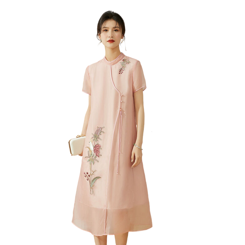 金菊国风桑蚕丝小立领花鸟刺绣夏新款短袖宽松版斜门襟女式连衣裙