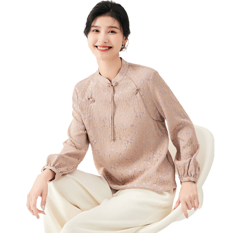【桑蚕丝新中式上衣】夏季提花立领长袖门襟飘带装饰女式T恤