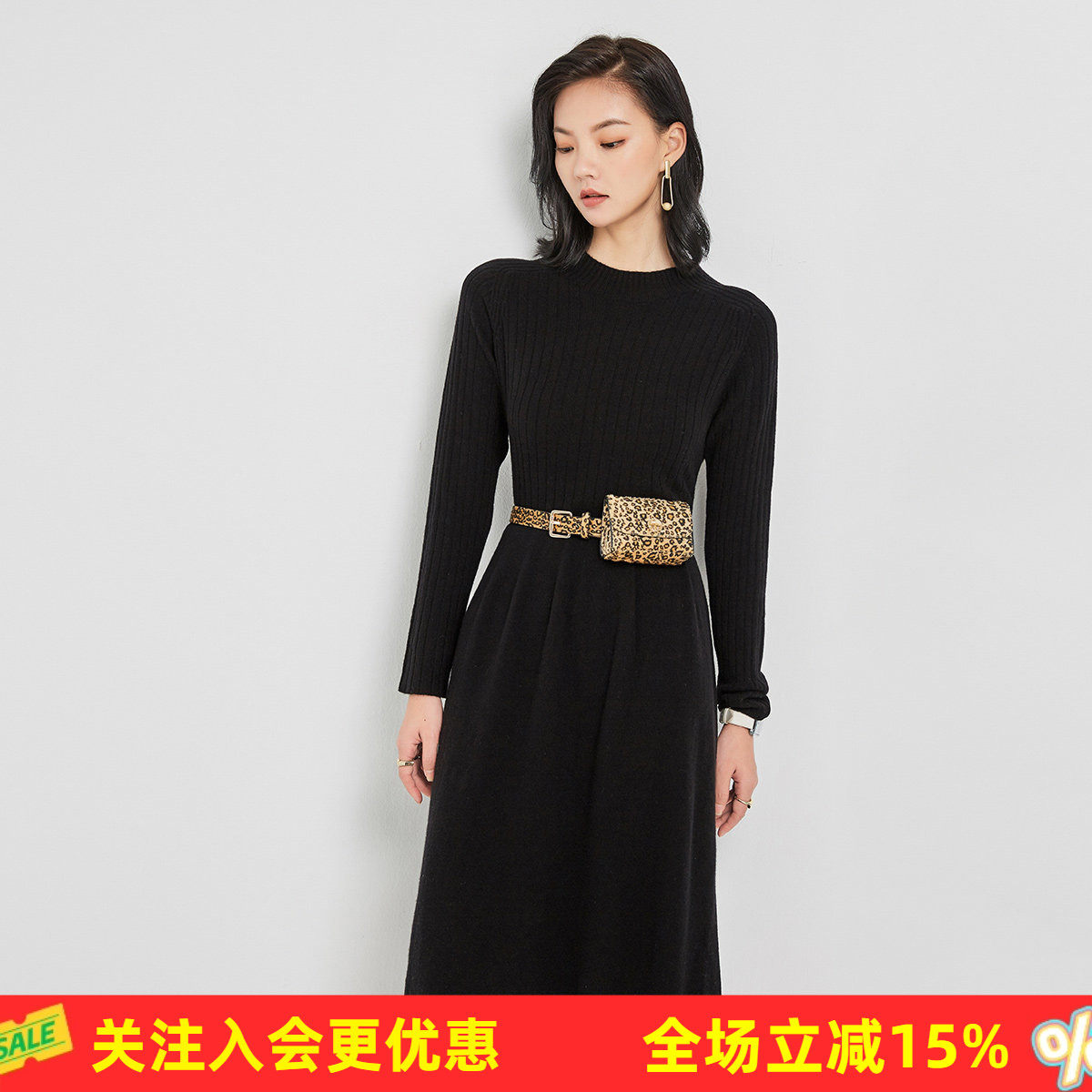 金菊清仓特卖毛衣圆领纯色收腰100%羊毛连衣裙女显瘦中长款