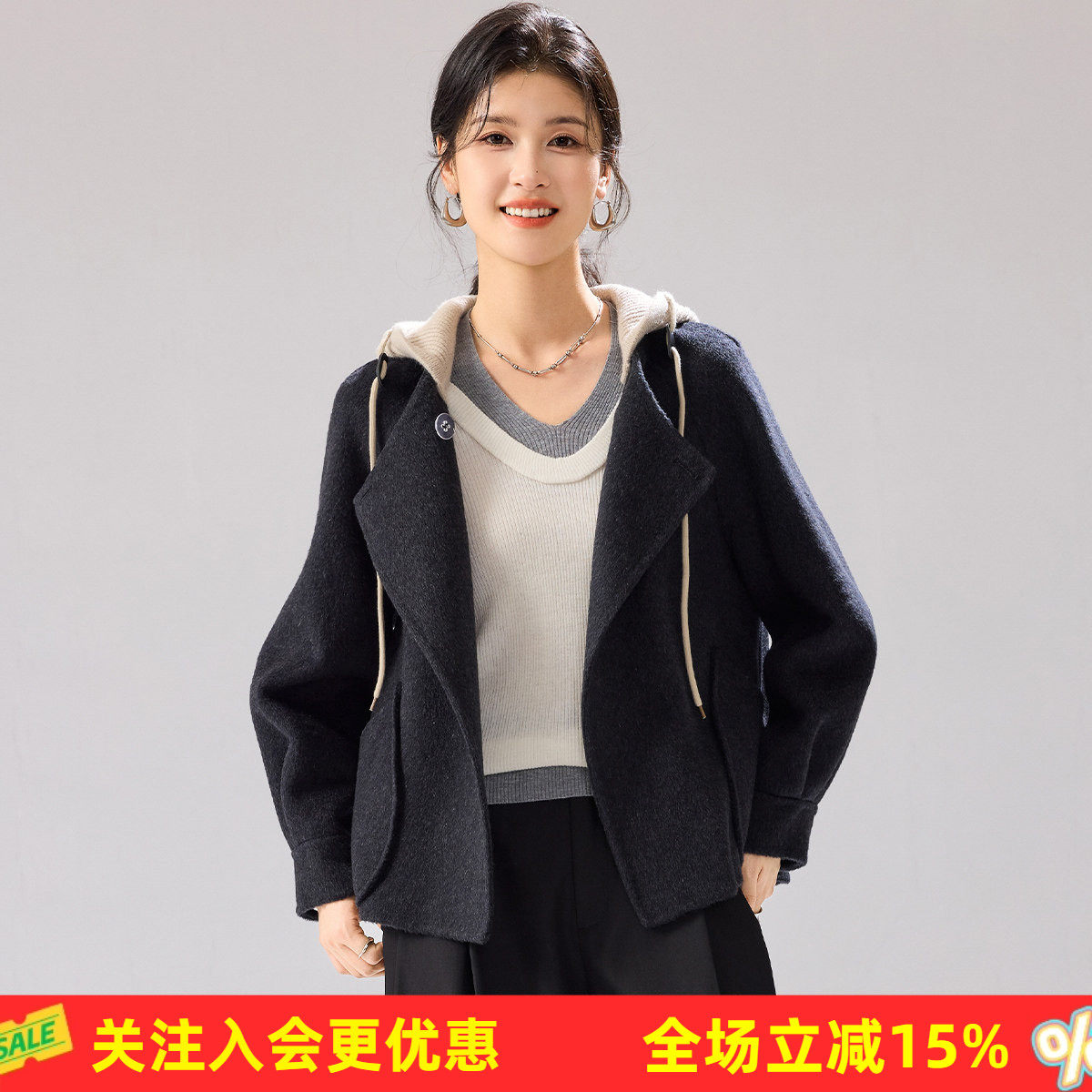 金菊短款羊毛大衣26年春秋新款连帽单扣搭配双口袋休闲宽松保暖