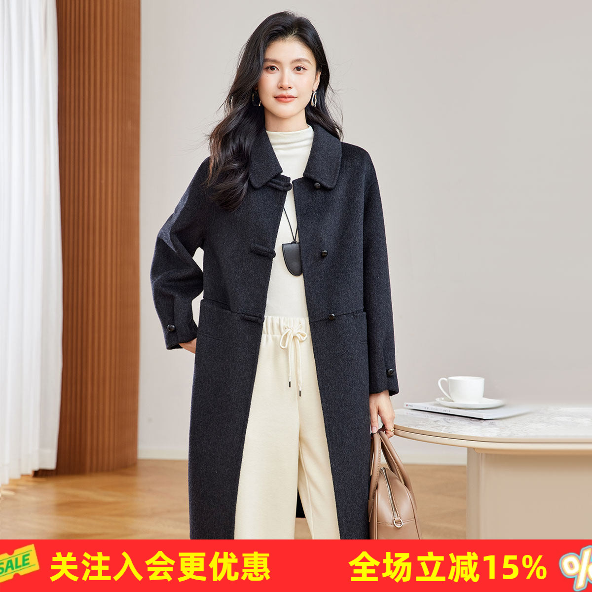 绵羊毛【含羊绒】冬季26新款中长款盘扣复古风纯色保暖女式大衣