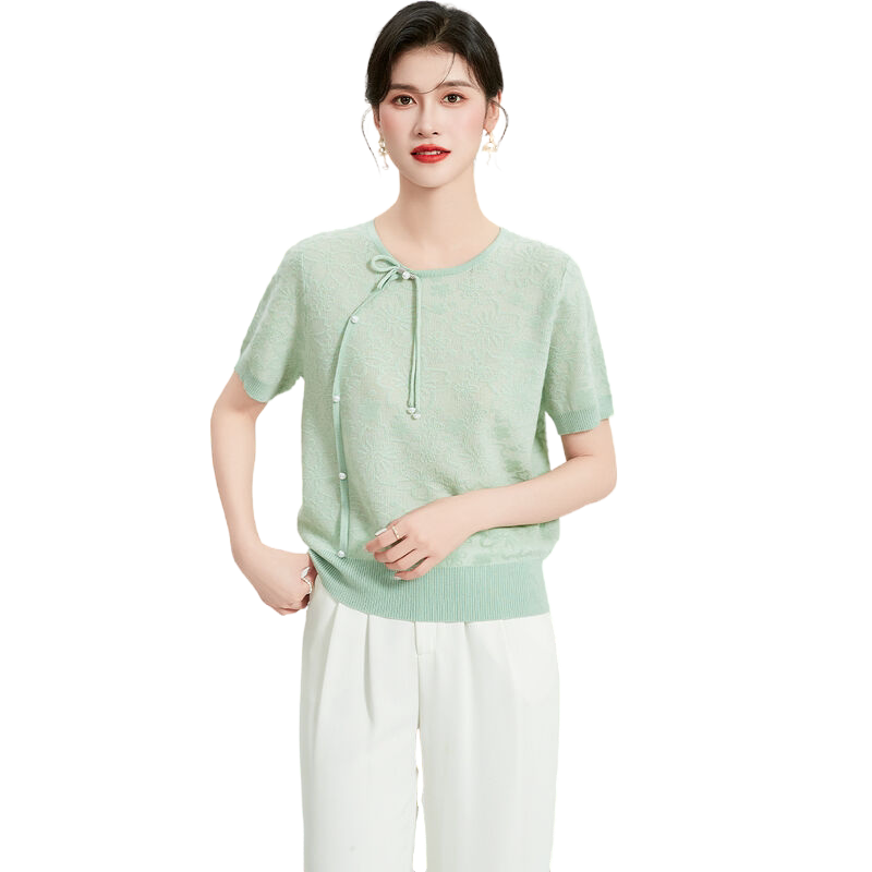 【新中式欧根纱上衣】含桑蚕丝夏季纯色圆领短袖飘带女式针织衫