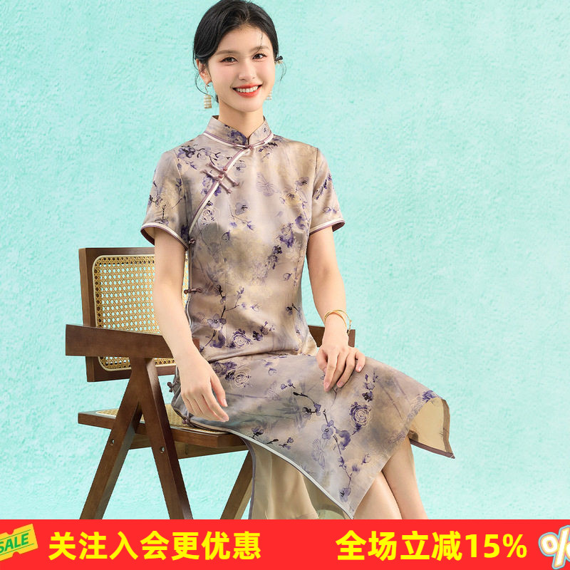 旗开得胜19姆米桑蚕丝旗袍优雅端庄气质中长款立领短袖女连衣裙