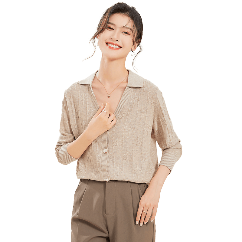 金菊含羊毛春秋新款毛衣V领长袖纯色树叶提花开衫外套女式针织衫