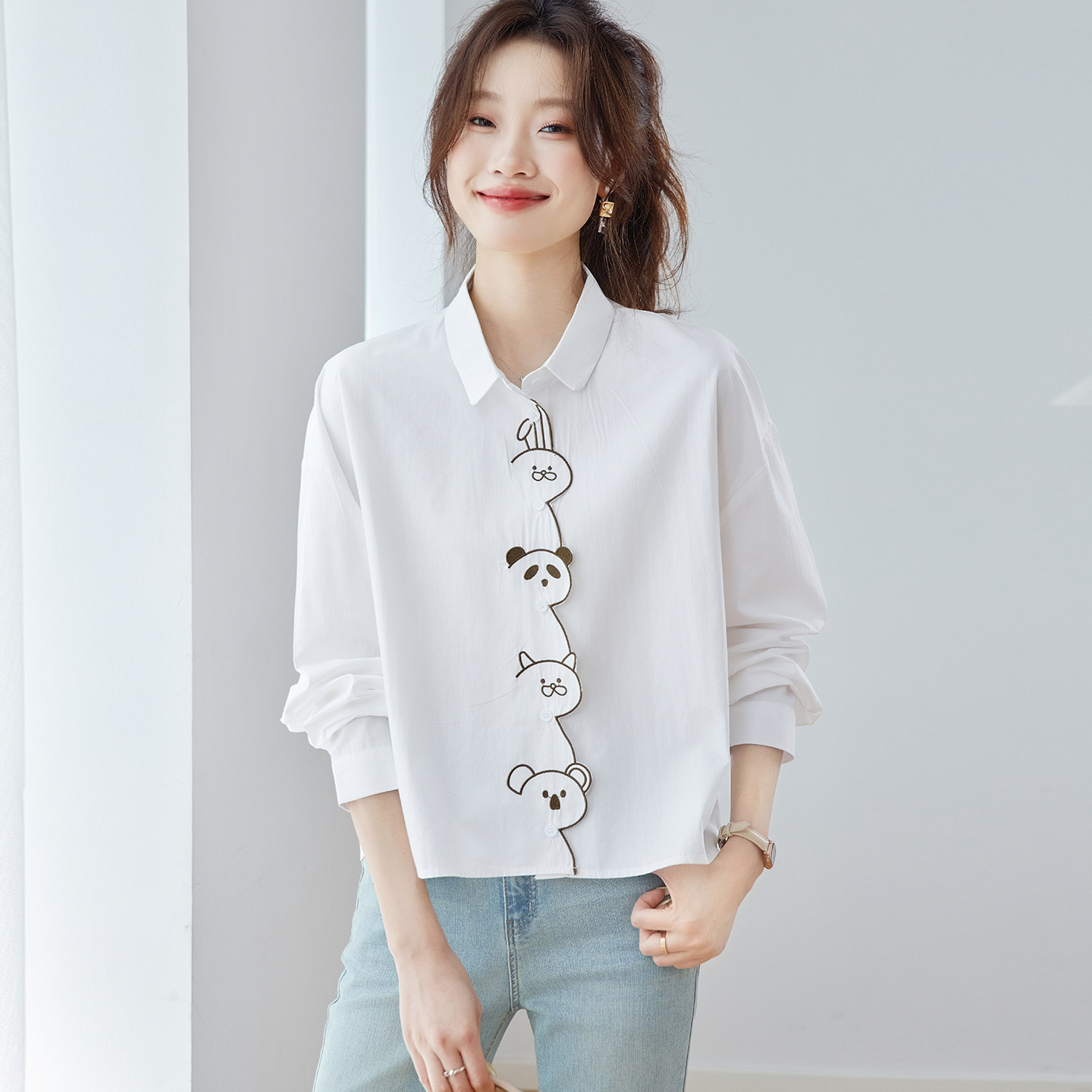 少女感卡通刺绣衬衫女门襟小动物图案翻领宽松短款百搭长袖衬衣