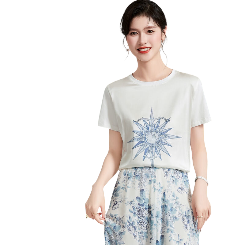 【桑蚕丝花卉宇宙印花】夏季圆领短袖纯色女式T恤通勤百搭日常