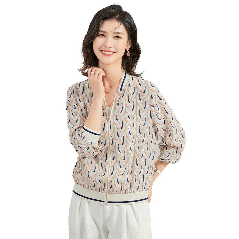 金菊100%真丝开衫春季棒球领印花上衣桑蚕丝女式外套