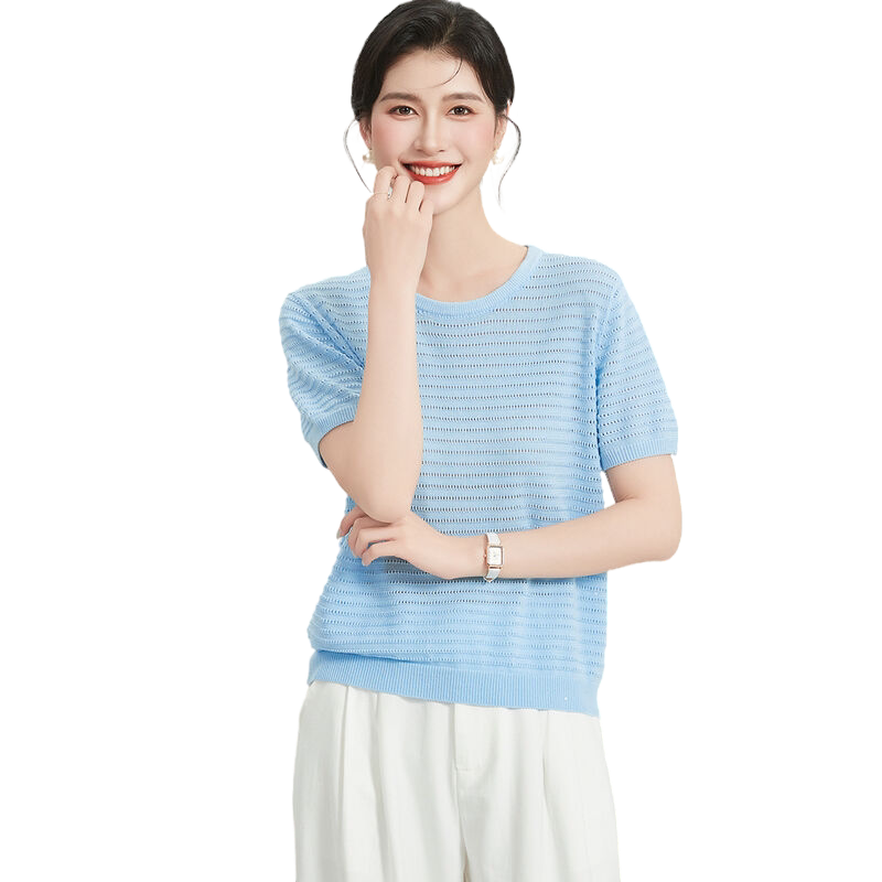 含桑蚕丝短T夏季纯色圆领短袖T恤横向条纹女式针织衫舒适透气