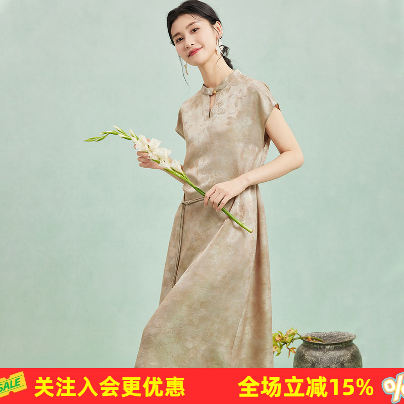 金菊【19姆米桑蚕丝】立领织金提花短袖气质春夏中长款女式连衣裙