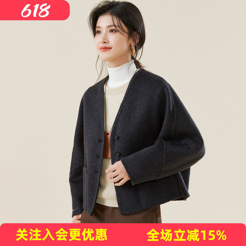 金菊春秋新款高端气质双面羊毛呢短款外套女包边扭花设计韩系大衣