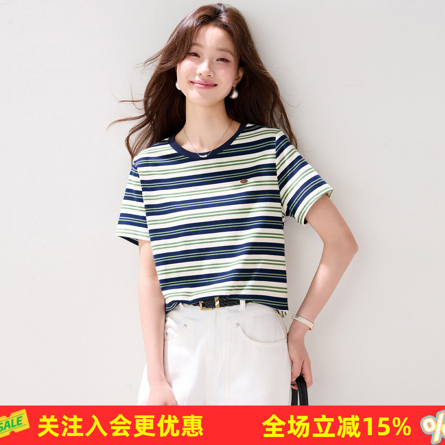 金菊复古撞色条纹短袖圆领小标刺绣宽松短款纯棉百搭休闲女式T恤
