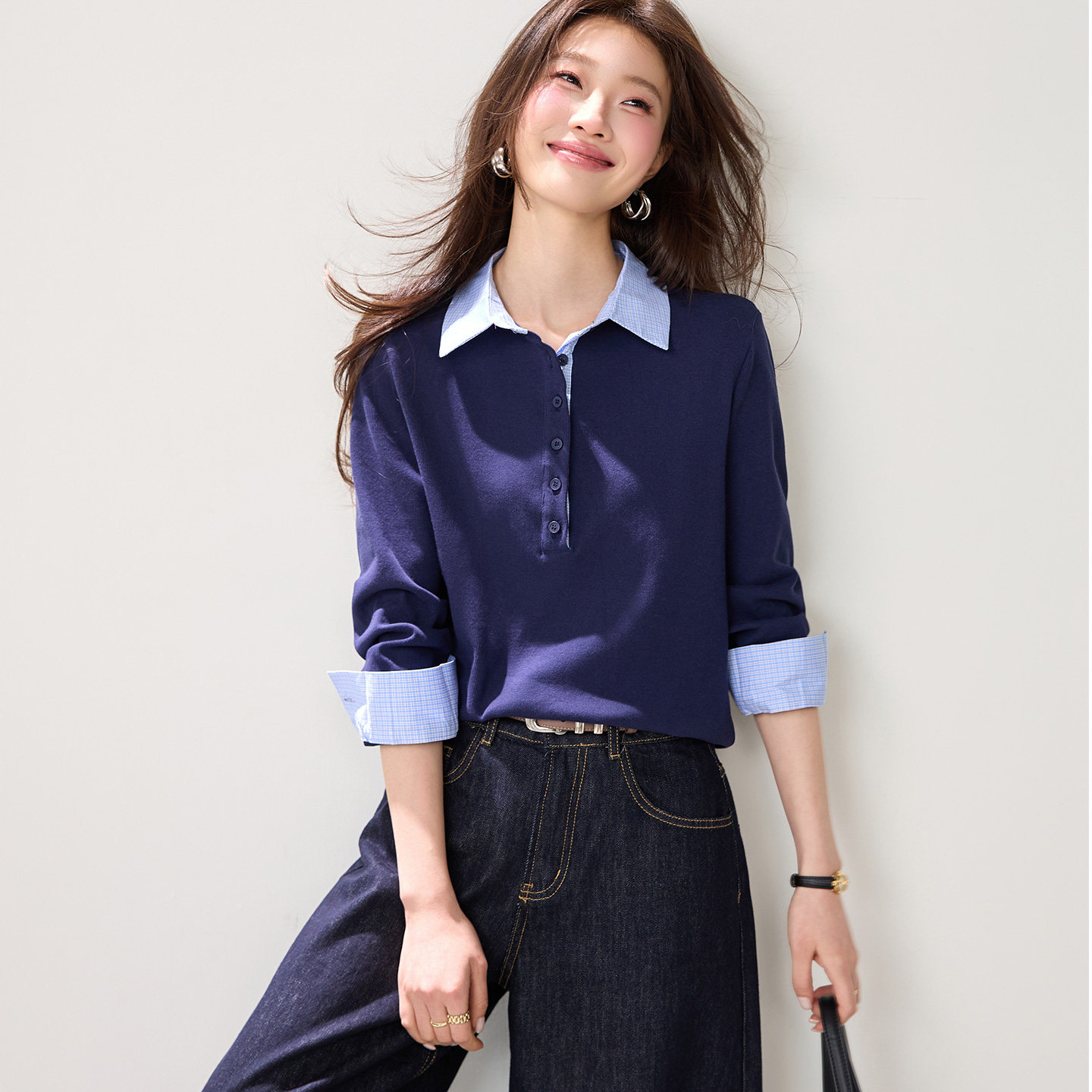 早秋假两件Polo长袖格子领袖口拼接撞色翻领气质打底小衫女式衬衫