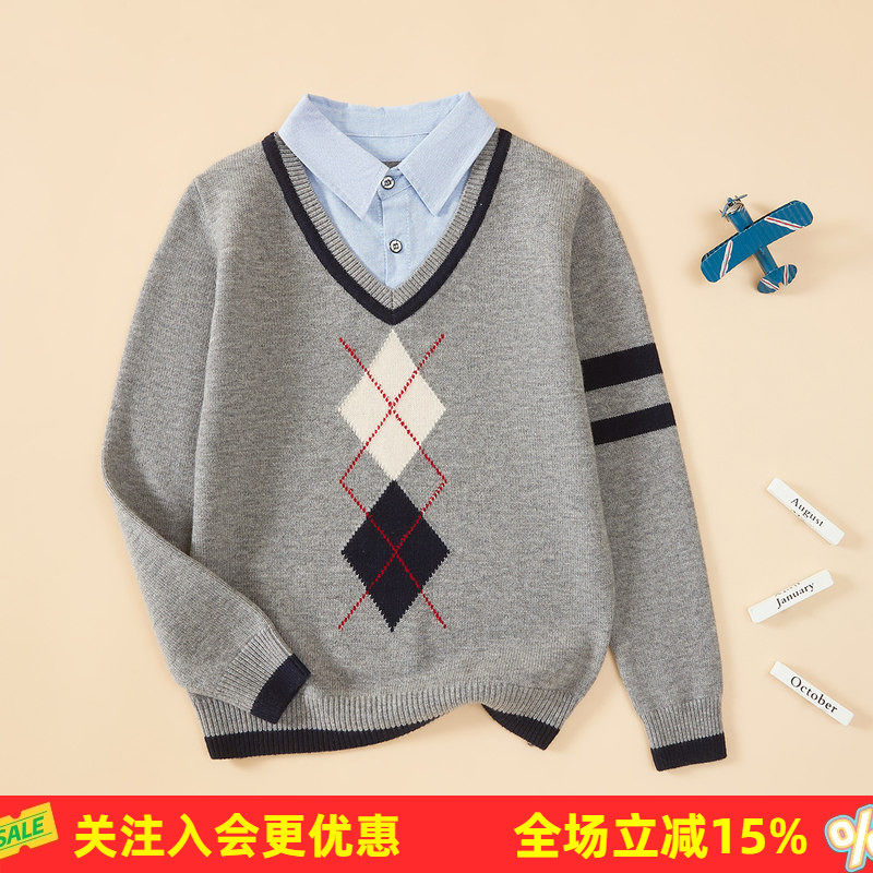 校服神器 26年春秋新款衬衫领菱格图案全羊毛男童女童套头毛衣