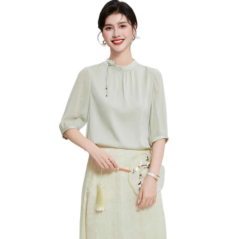 新中式桑蚕丝夏季立领五分袖上衣舒适透气女式T恤通勤百搭