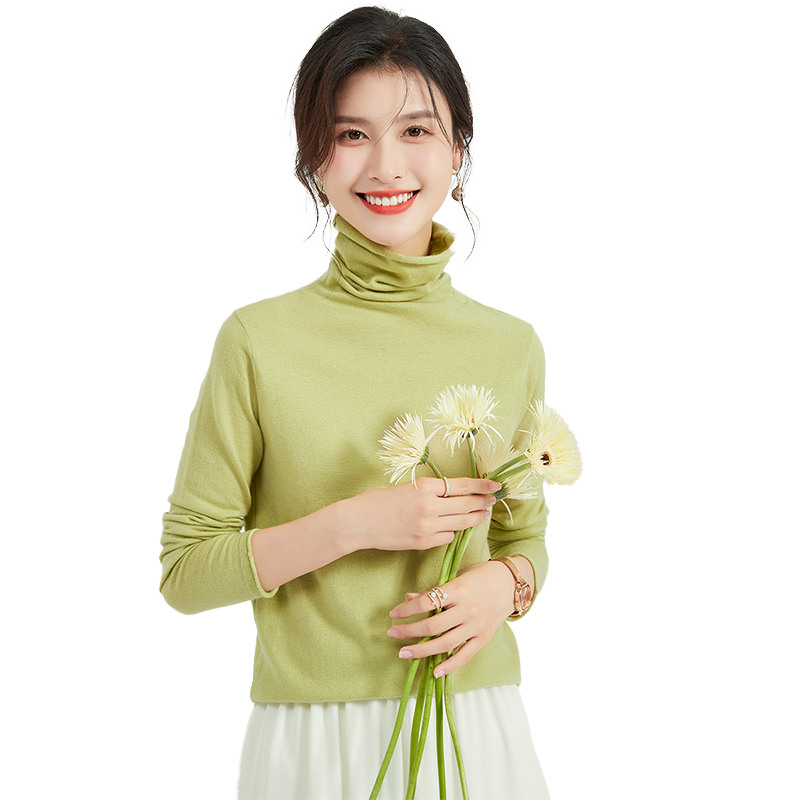 金菊100%绵羊毛堆堆领纯色卷边长袖百搭秋冬新款保暖女式羊毛衫