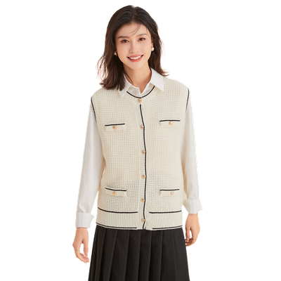 金菊绵羊毛100%针织撞色马甲秋冬新款圆领镂空保暖打底女式背心