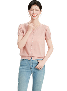 【亮钻贴片】圆领纯色短袖开衫外套夏季含桑蚕丝气质女式针织衫