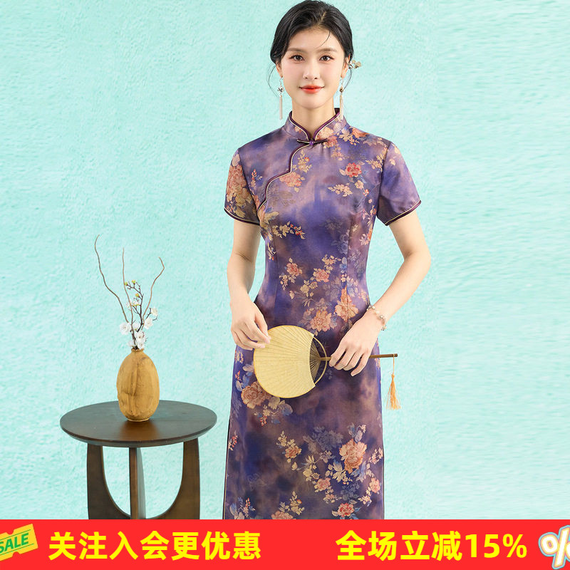 旗开得胜【东方韵味多彩花卉】19姆米桑蚕丝旗袍正肩短袖连衣裙