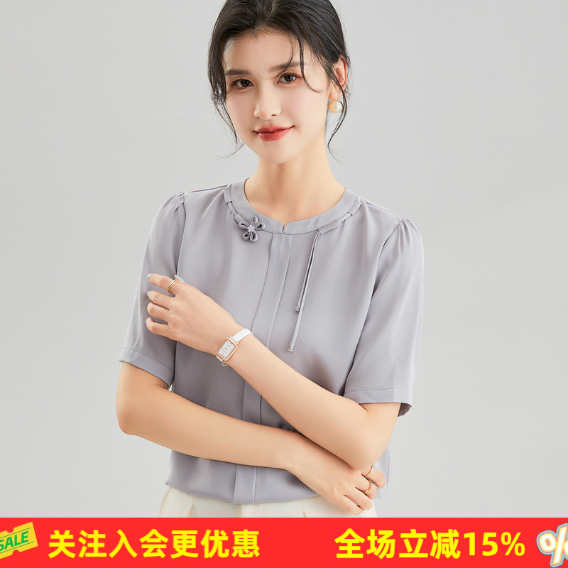 金菊欧若新中式花朵盘扣纯色上衣圆领国风五分袖春夏桑蚕丝T恤女