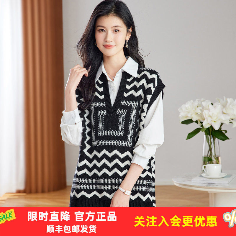 金菊【绵羊毛】2026春秋新款几何提花复古风女式背心叠穿百搭毛衣