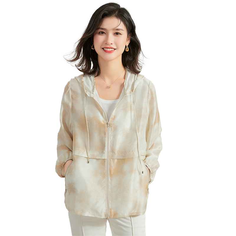 金菊100%真丝春季连肩袖开衫桑蚕丝连帽领上衣女式外套