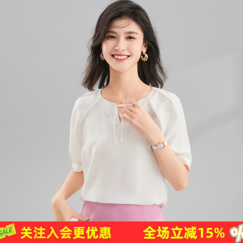 金菊欧若风100%桑蚕丝电力纺五分袖夏系带泡泡袖真丝女式T恤