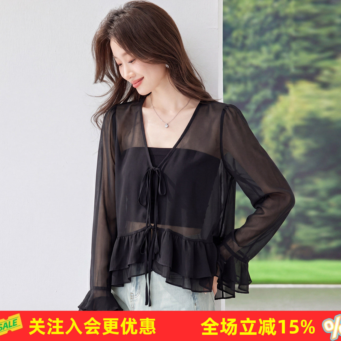 休闲合身荷叶边防晒开衫夏新款宽松显瘦系带V领外搭通勤女式外套