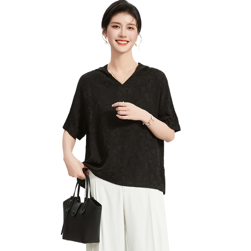 【桑蚕丝100%真丝上衣】夏季纯色连帽短袖女式T恤通勤百搭