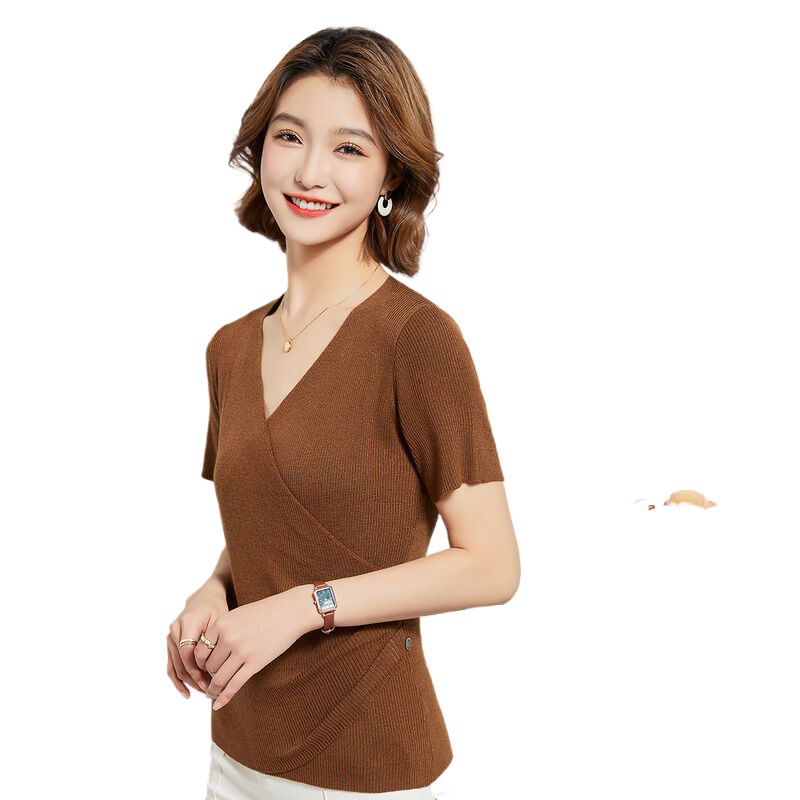 金菊含桑蚕丝T恤春夏季新款V领斜门襟纽扣装饰打底上衣女式针织衫
