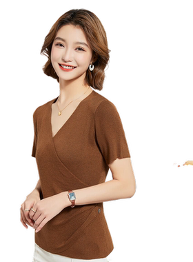 金菊含桑蚕丝T恤春夏季新款V领斜门襟纽扣装饰打底上衣女式针织衫