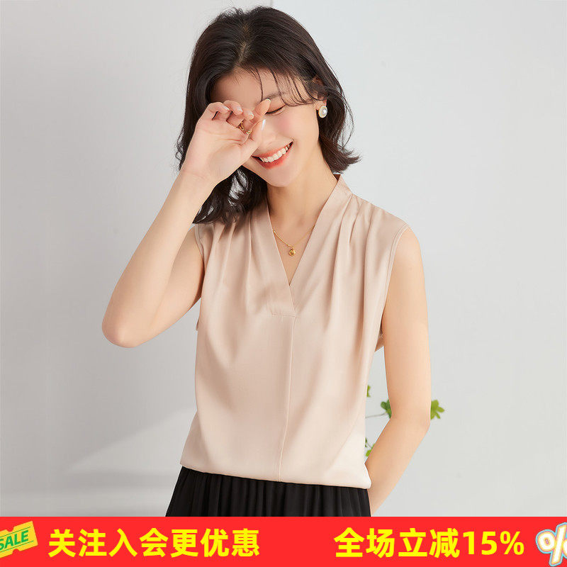 金菊桑蚕丝马甲！春夏新款纯色V领直筒飘逸微弹打底上衣女式背心
