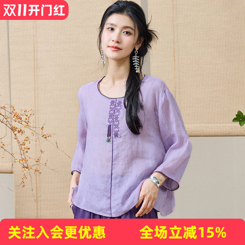 金菊新中式女装26夏新款圆领刺绣流苏小衫苎麻烧花宽松九分袖T恤