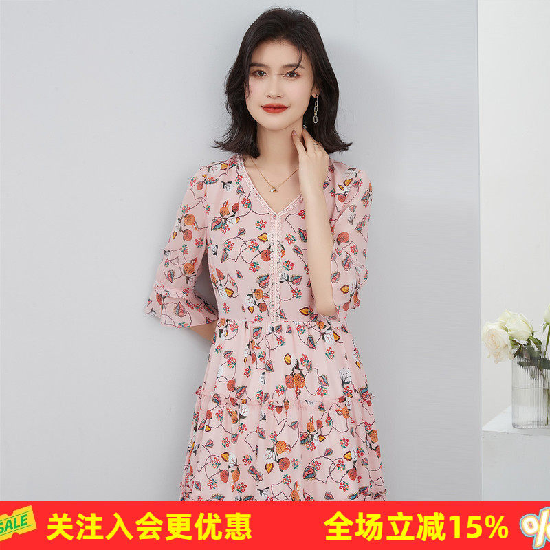 桑蚕丝100%印花V领拼接蕾丝荷叶边春季新款女式连衣裙