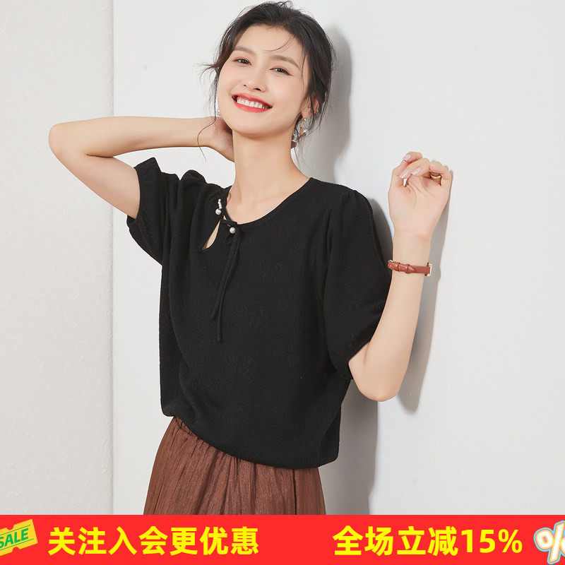 金菊减龄蝴蝶结含桑蚕丝夏季新款圆领泡泡袖针织提花上衣女式T恤
